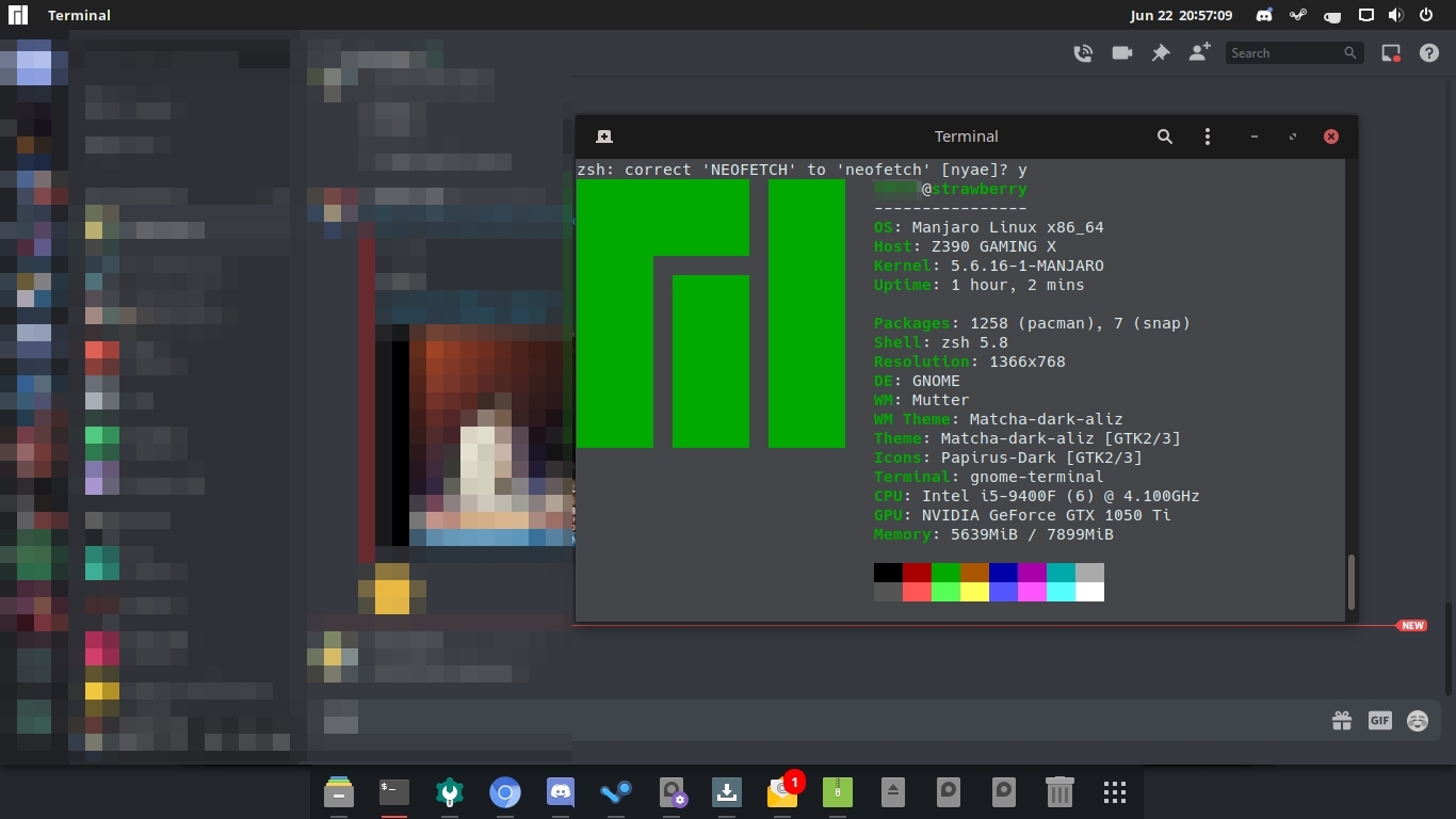neofetch of manjaro on my system at installation